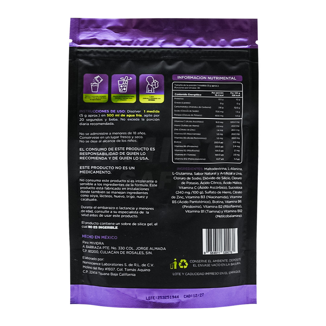 Bebida Hidratante sin Azúcar Sobre para 20 l Mividra Uva 150 g - 1